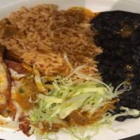 Enchiladas · With your choice of meat, rice, beans, lettuce and salsa.