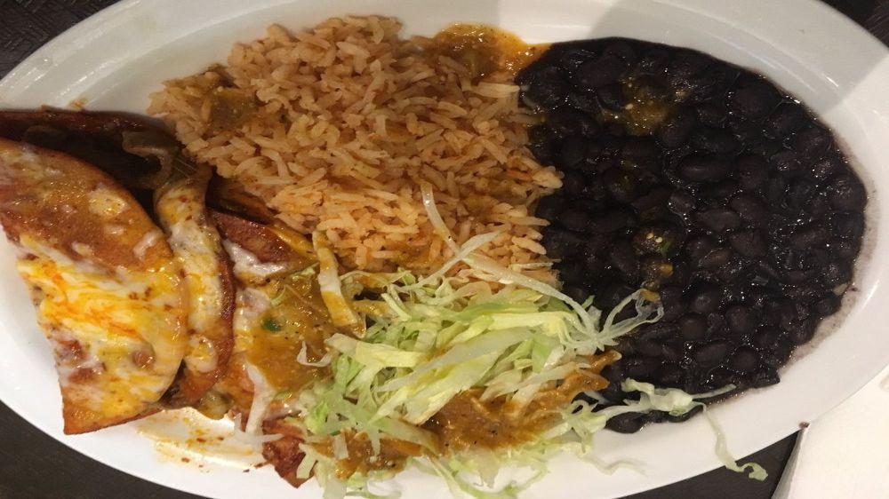 Enchiladas · With your choice of meat, rice, beans, lettuce and salsa.