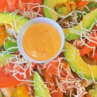 Salad Two · Iceberg, grilled shrimp, grilled bell peppers, tomato, onion, avocado, cheese and a side of ...