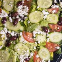 Greco · Fresh crisp lettuce greens, tomatoes, cucumbers, red onions, kalamata olives, feta cheese & ...