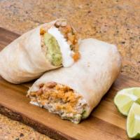 Super Burrito · Whole Beans, rice, fresh salsa, cheese, guac, sour cream, and choice of meat.
