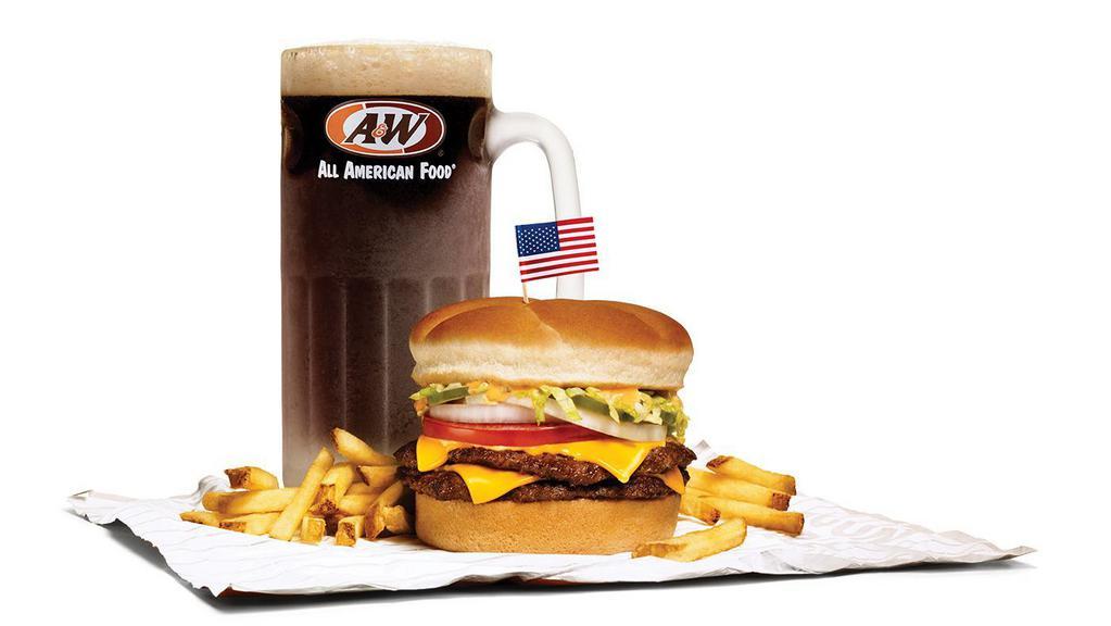 Papa Burger® Combo · A 1/3 lb. double made with 100% U.S. Beef patties, two slices of American cheese, lettuce, tomato, onion, pickles and our signature A&W Papa Sauce on a toasted bun.  (860-1150 cal.)