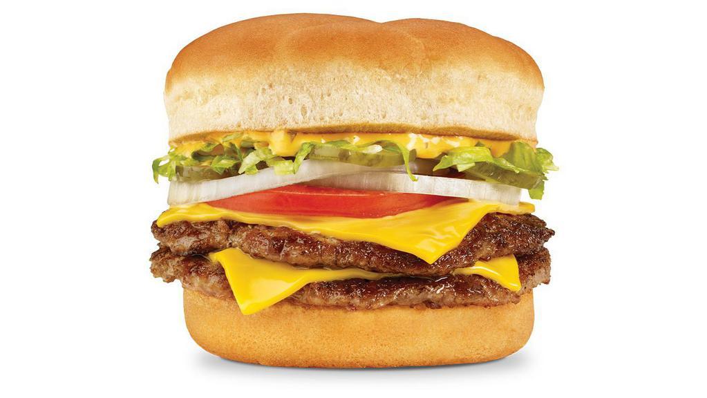 Papa Burger® · A 1/3 lb. double made with 100% U.S. Beef patties, two slices of American cheese, lettuce, tomato, onion, pickles and our signature A&W Papa Sauce on a toasted bun.  (640 cal.)