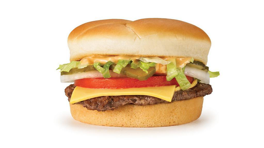 Papa Single® · A single with 100% U.S. Beef patty, a slice of American cheese, lettuce, tomato, onion, pickles and our signature A&W Papa Sauce on a toasted bun. (450 cal.)