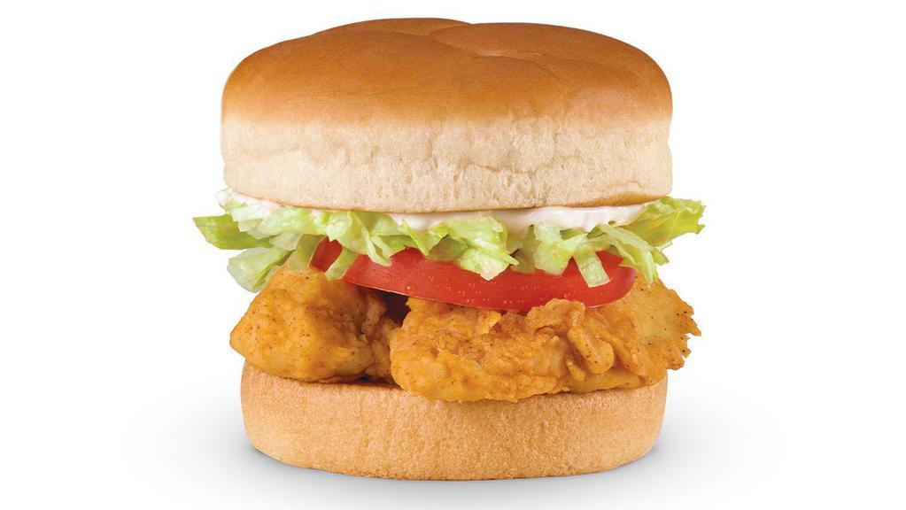 Chicken Tender Sandwich · Made with your choice of 2 hand-breaded or grilled tenders and served on a bun with lettuce, tomato and salad dressing.  (410-440 cal.)