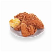 Three Pieces Chicken Combo · Includes biscuit, drink and side.