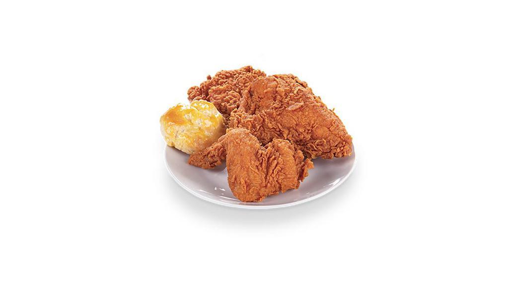 Three Pieces Chicken Combo · Includes biscuit, drink and side.