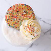 Birthday Cake Shake · Vanilla ice cream blended together with confetti cake pieces, vanilla frosting + Rainbow Sug...
