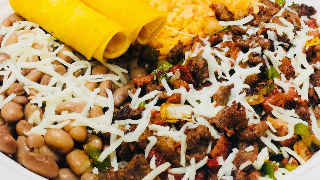 Super Plate · Mixed asada, pastor, chorizo, onions, bell pepper, cooked on the grill, served with rice, beans, cheese and corn tortillas.