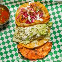 Choice of 3 Tacos · Mix and match:
quesabirria, kraken, enchilados, adobados, baja, tinga, pibil, nopal.