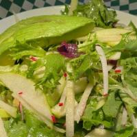Salad · Mixed greens, chayote, Spanish radish, avocado, apple. Served with apple vinaigrette.