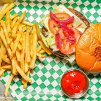 Burger & Fries · Choose from our regular, mesquite grilled green chile burger, or go veggie.