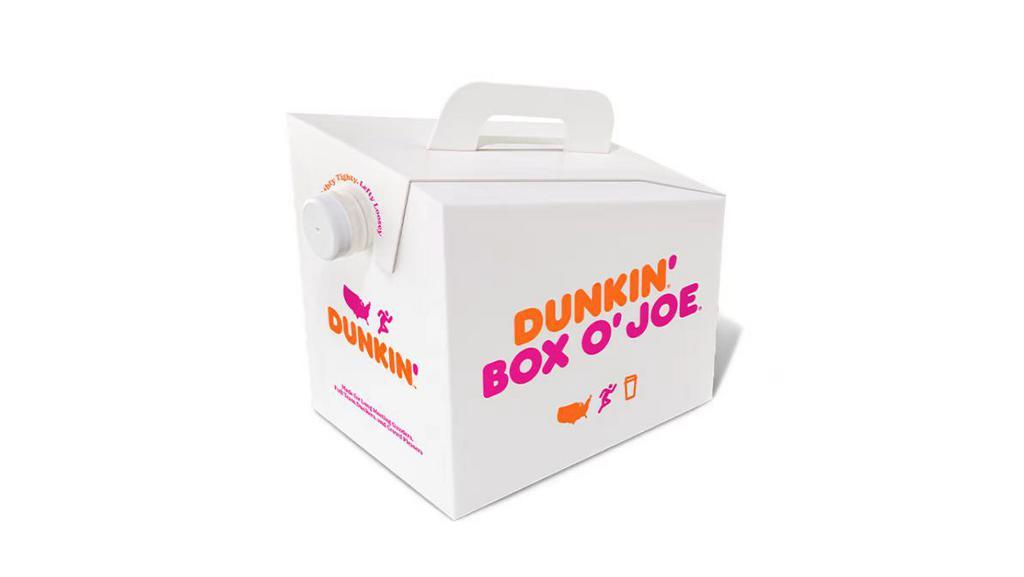 Box O' Joe® Coffee · Our Box O' Joe® is a great addition to any gathering: it's the one thing everyone can agree on.  America's Favorite Coffee is the perfect way to get a group running.

Be a real hero and pick up some Donuts or Munchkins(R) while you're at it.

Contains ten 10oz servings which is equivalent to ten small cups of DD coffee.