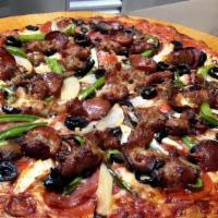 Mario's  Premium Combo Pizza · Pepperoni, salami, ham, linguica, onions, black olives, bell peppers, mushrooms and Italian ...
