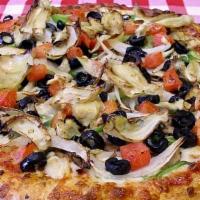 All Veggie Pizza · Mushrooms, onions, bell peppers, black olives, marinated artichoke hearts and tomatoes