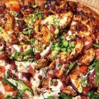 BBQ Chicken Pizza · Chicken bacon, red onions, bell peppers, tomatoes, fresh green onions and BBQ sauce