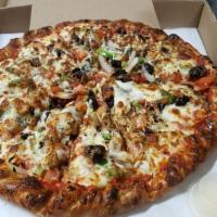 Greek Feta Pizza · Tomato sauce, mozzarella cheese, marinated artichoke hearts, mushrooms, onions, bell peppers...