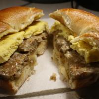 Plain Bagel Sandwich · Plain Bagel with eggs, cheese, cream cheese  and choice of meat