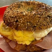 Everything Bagel Sandwich · Everything Bagel with eggs, cheese, cream cheese and choice of meat
