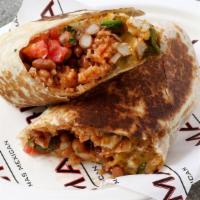 Rajas Buritos · Includes a flour tortilla, choice of meat or veggies, roasted Chile poblano, rice, beans, me...