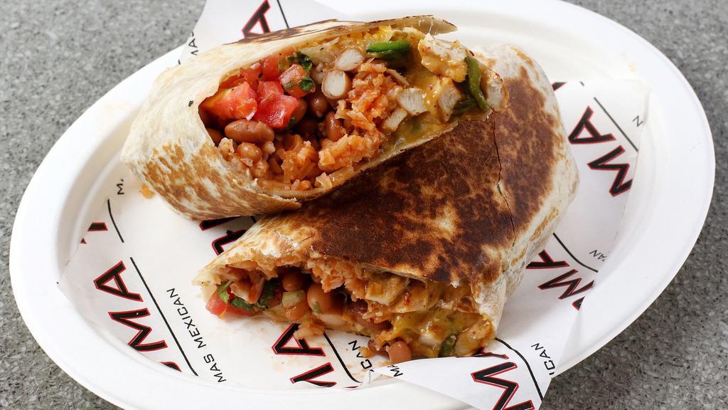 Rajas Buritos · Includes a flour tortilla, choice of meat or veggies, roasted Chile poblano, rice, beans, melted cheese and pico de gallo.