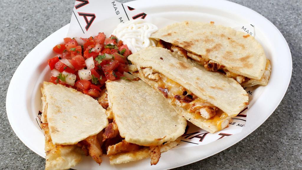 Quesadillas de Maiz · Two corn tortilla quesadillas, cheese, choice of meat or veggies with a side of pico de gallo and sour cream. No mixing and matching.
