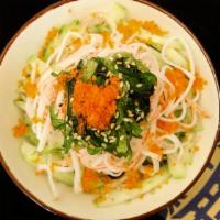 House Salad · Imitation crab meat, cucumber, tobiko, seaweed salad, sesame (Dressing)