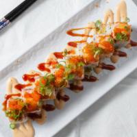 Golden dragon Roll · shrimp tempura cucumber topped backed salmon tobiko green onion (sweet soy sauce & mayo)