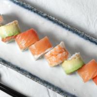 Rainbow Roll(8pcs) · Imitation crab meat avocado topped cooked Shrimp salmon& avocado