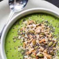 Green Detox Smoothie Bowl · Pineapple, spinach, parsley, coconut milk, almond butter, lemon juice, chia seeds topped wit...
