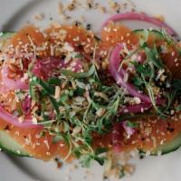Smoked Salmon Toast · lemon cream cheese, cucumber, pickled red onion, everything bagel spice, micro cilantro, toa...