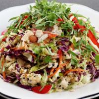 Asian Chicken · Roasted organic chicken, romaine, red and green cabbage, herbs, red peppers, almonds, Asian ...