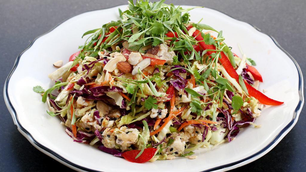 Asian Chicken · Roasted organic chicken, romaine, red and green cabbage, herbs, red peppers, almonds, Asian ginger dressing.