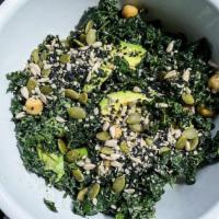 Kale and Garbanzo  · lacinato kale, garbanzo beans, avocado, omega seed mix, mustard tahini dressing
