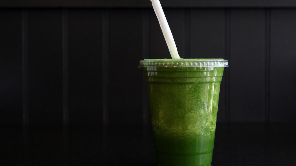 Green Smoothie · Organic dino kale, spinach, green apple and cucumber blended together with lemon juice, a drop of agave and ice. Retains all the fiber from the veggies and fruit!
