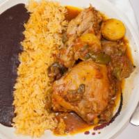 Pollo Con Papas · Chicken with potatoes served with refried beans and rice with homemade tortillas.