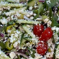 Greek Salad · Mixed green, kalamata and black olives, fresh tomatoes, cucumber, pepperoncini, red onions, ...