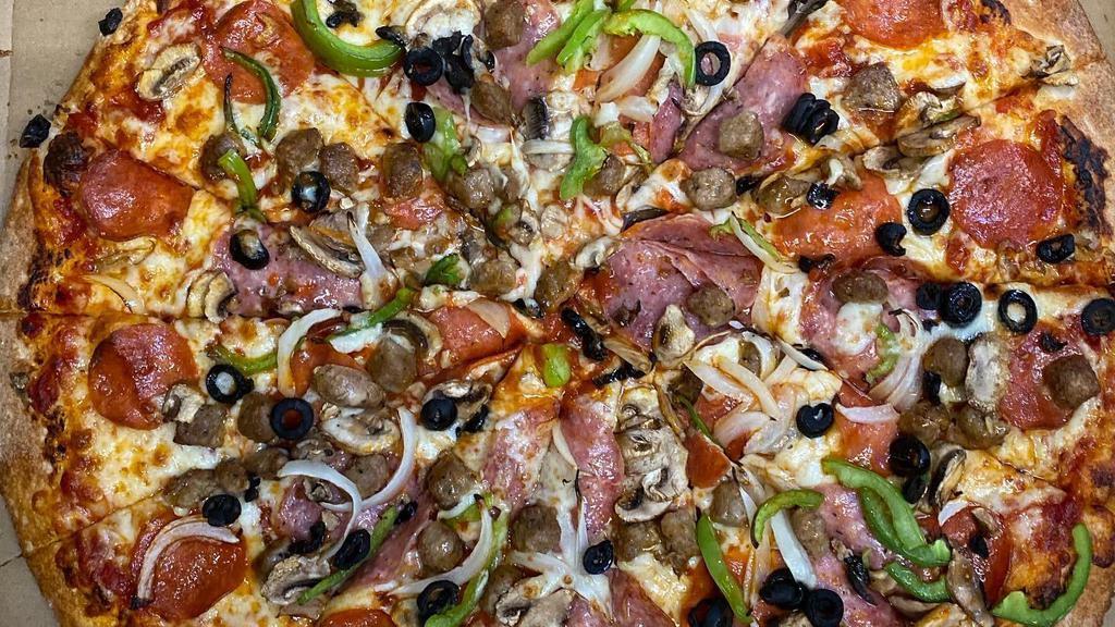 Strada Combo  · Red tomato sauce, mozzarella, pepperoni, Italian sausage, mushrooms, salami, roasted bell peppers, red onions, olives.