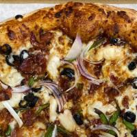 BBQ Chicken  · Bbq sauce, mozzarella, grilled chicken, red onions, smoked bacon, black olives, roasted red ...