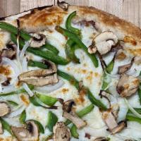 Philly Cheesesteak Pizza  · Garlic olive oil, mozzarella cheese, steak, mushrooms, provolone, bell peppers, onions.