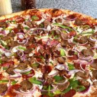 Gluten Free Big Meat Combo Pizza · Eight slices. Pepperoni, sausage, green peppers, and onions.