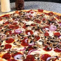 Gluten Free Great Escape Pizza · Eight slices. Pepperoni, mushrooms, and onions.