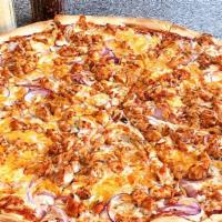 West Side Bar B Que Chicken Pizza · Eight slices. Smokey BBQ sauce pizza with red onions and BBQ chicken topped with Cheddar che...
