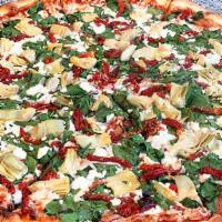 The Gourmet Pizza · Eight slices. Spinach, feta cheese, sundried tomatoes, and artichokes.
