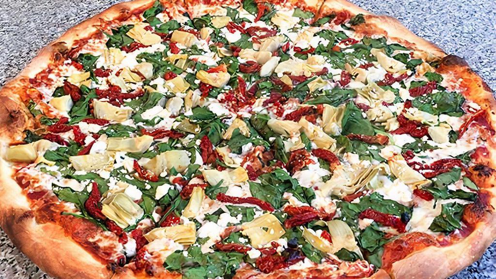 Gluten Free The Gourmet Pizza · Eight slices. Spinach, feta cheese, sundried tomatoes, and artichokes.