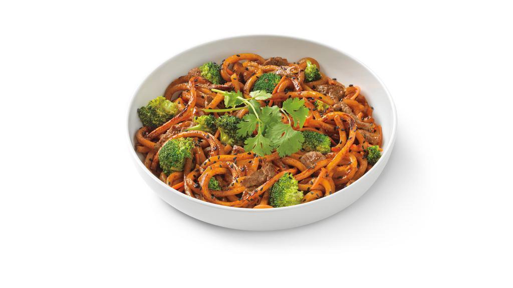 Japanese Pan Noodles · Caramelized udon noodles in sweet soy sauce, broccoli, mushrooms and carrots topped with black sesame seeds and cilantro. Try with marinated steak.. S | V.