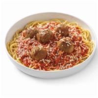Spaghetti & Meatballs · Spaghetti noodles and oven-roasted meatballs in crushed tomato marinara topped with parmesan.