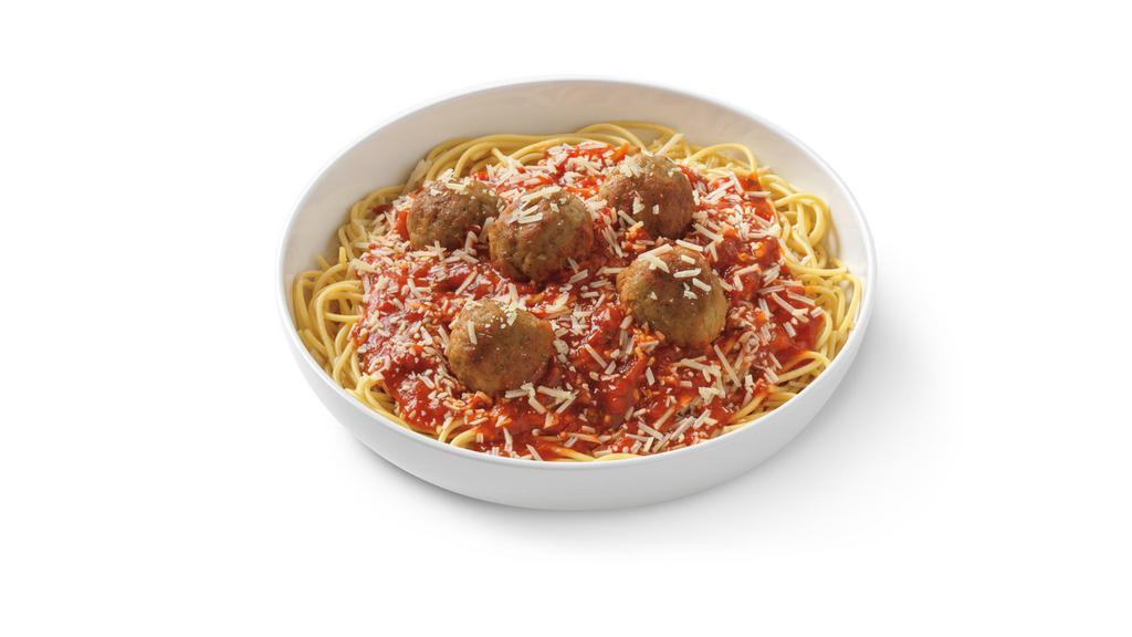 Spaghetti & Meatballs · Spaghetti noodles and oven-roasted meatballs in crushed tomato marinara topped with parmesan.