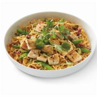 Grilled Orange Chicken Lo Mein · Lo mein noodles in orange sauce with grilled chicken, snap peas, napa and red cabbage topped...