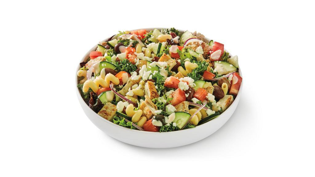 Med Salad With Grilled Chicken · Grilled chicken, Tuscan greens and kale, tomato, cucumber, red onion, Kalamata olives, cavatappi pasta, spicy yogurt dressing and feta. . S